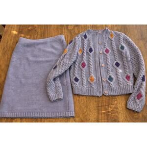 Adrienne Vittadini Vintage Wool Sweater Skirt Set Light Purple Cable Knit M